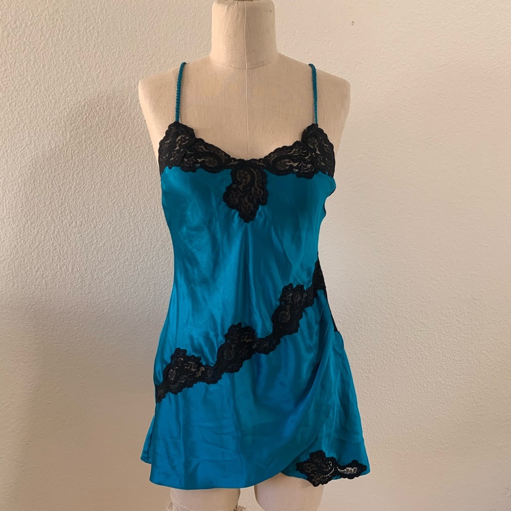 Vintage Victoria's Secret Teal Black Lace Chemise Nightgown Gold Label Size P